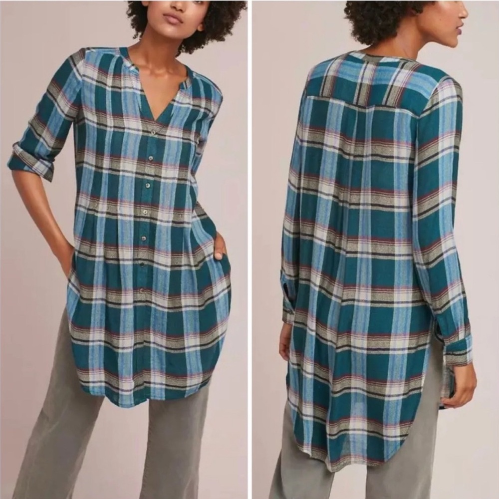 Anthropologie Akemi + Kin Lucie Blue Green Flannel Plaid Tunic Shirt Size Small